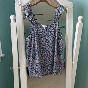 LC Lauren Conrad Navy Floral Ruffle Blouse